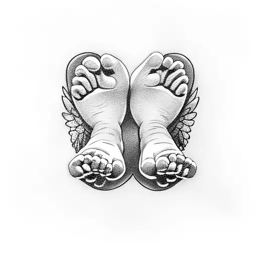 Babies Feet Cupped In Hands With Angel Wings And A Pink Rose
