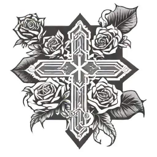 An Abstract Geometric Design Of A Cross And Roses Merging Together