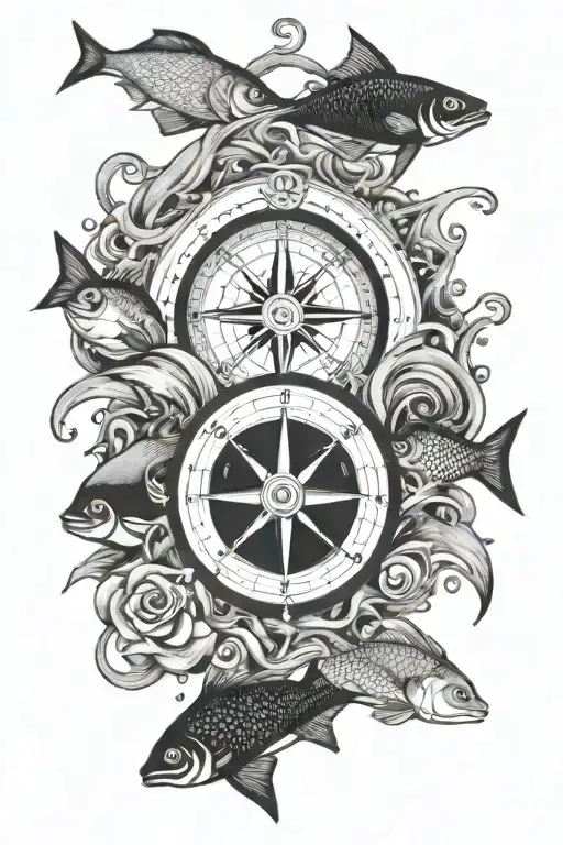 Compass As Center Peice With Waves And Fish Around It