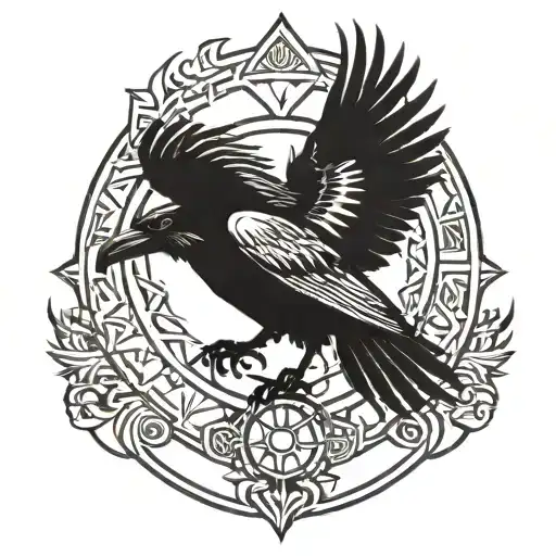 Get Black And White Tribal Sigil Tattoos With A Raven In Front And Open Wings