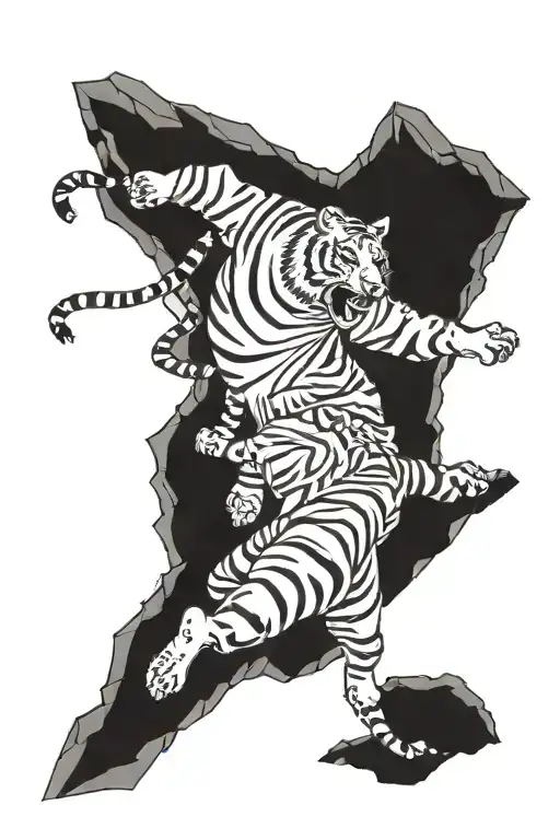 Tiger Attacking Monk Falling Off A Cliff