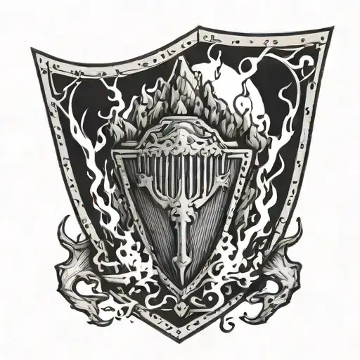 A Flaming Shield Adorned With A Mountain And A Large Hammer Behind It
