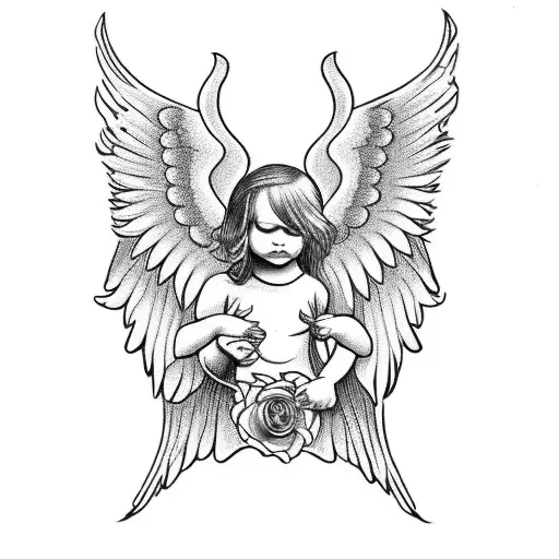 Babies Feet With Angel Wings And A Pink Rose