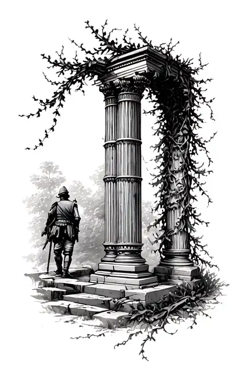 Roman Pillar Archway Wrapped In Vines With Soldier Stepping Through