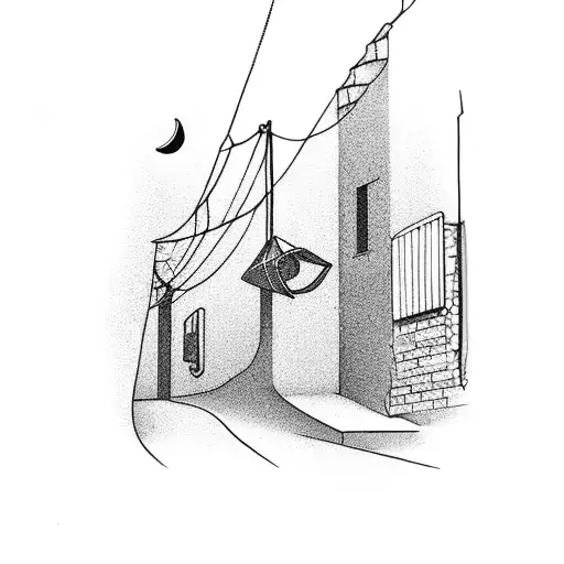 A Minimalist Alleyway At Night With A Crescent Moon Overhead