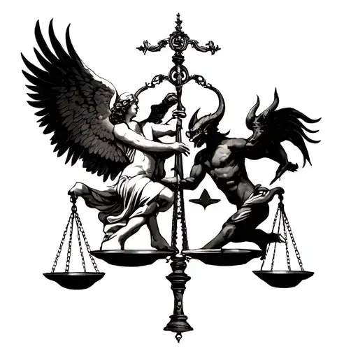 An Angel And Devil Locked In A Fierce Battle On Opposite Sides Of A Libra Scale