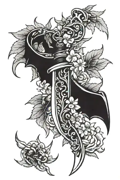 Knife With Ox And Dragon Wings Around It And Some Leaf And Flowers
