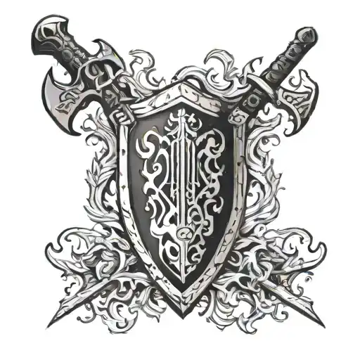 A Large Shield Engulfed In Flames Adorned With A Mountain And Large Hammer