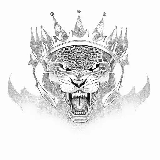 Growling Jaguar With A Crown And A Sword And Lotus Flowers