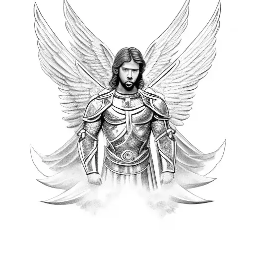 Archangel Micheal With Big Angel Wings Holding His Sword Between His Legs With Clouds Behind Him