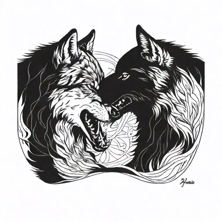 Side Profile Of Two Wolves Snarling At Eachother Facing Each Other