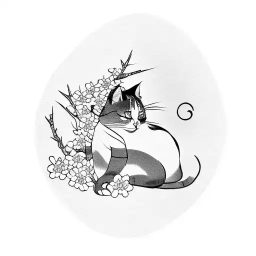 A Japanese Inspired Tattoo Featuring A Cat Lounging Under A Sakura Tree