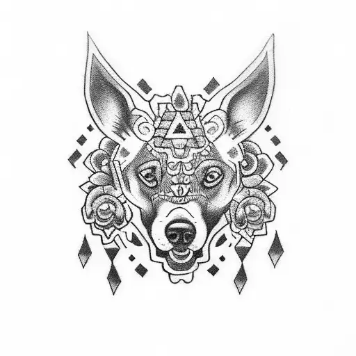 Incorporate Aztec Symbols Into A Tattoo Design Of A Dog Surrounded By Flowers