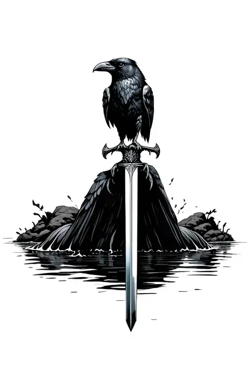 Raven Holding Sword Stuck Inside A Stream