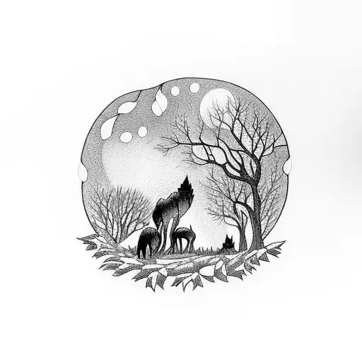 A Mystical Forest Scene With A Pack Of Wolves Roaming Under A Full Moon