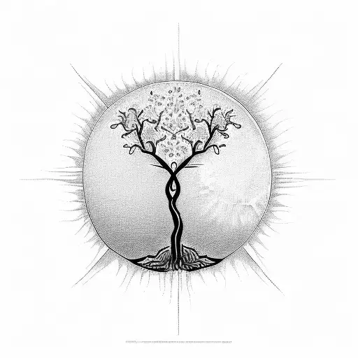 Tree Of Life With A Sun Behind It And Flower