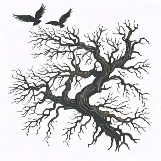 Dead Tree With Roots With Birds Flying Around It