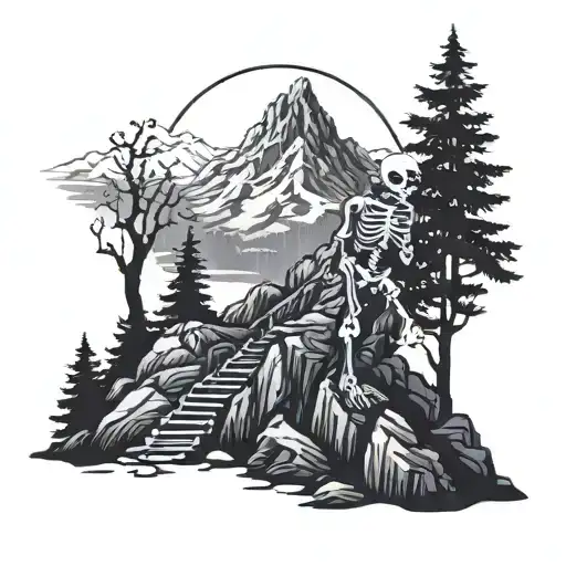 An Intricate Blackwork Design Of A Skeleton Hiking Up A Mountain Trail