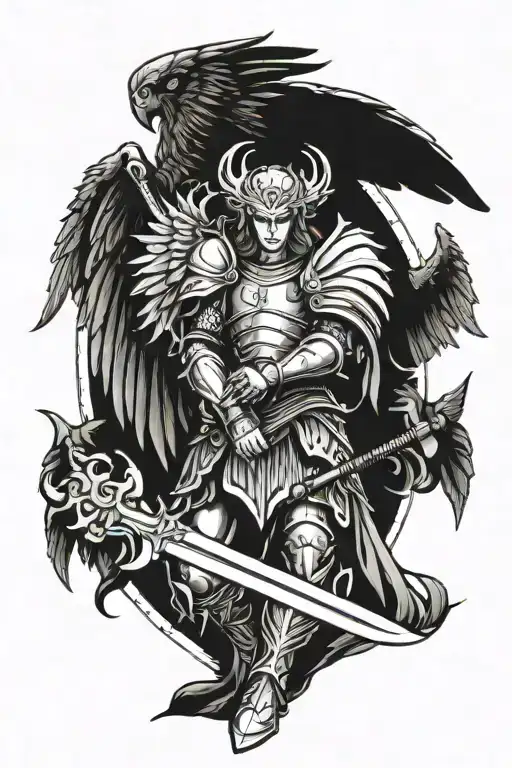 Guardian Angel In Armor With Large Wings With A Sword