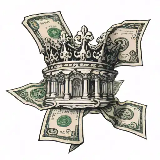 A Tattoo Design Featuring A Stack Of Money With A Crown On Top Symbolizing Power And Respect