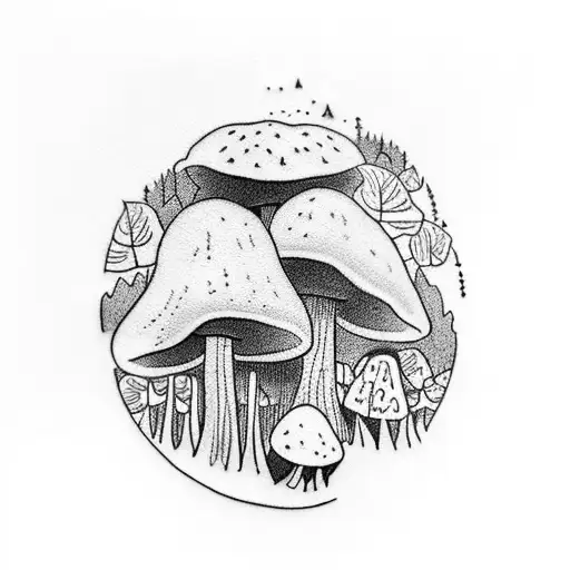 A Detailed Blackwork Tattoo Of A Forest Scene With A Hidden Mushroom In The Background
