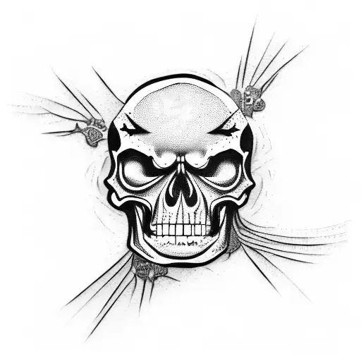 A Tattoo Of A Guitar With Spiderwebs And Skulls Intertwined Around It