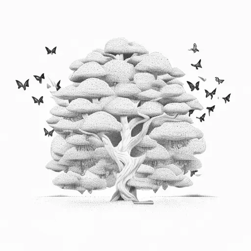 A Few Large Butterflies Flying Around A Tree With A Thick Trunk And Small Top