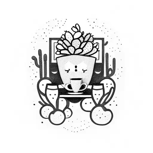A Whimsical Design Of A Ghost Sipping Coffee While Surrounded By Floating Crystals And Cactus Plants