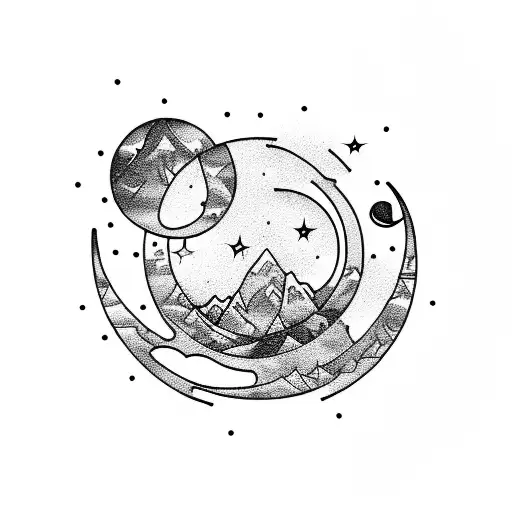 Moutain Range Outline With Crescent Moon And Constellations