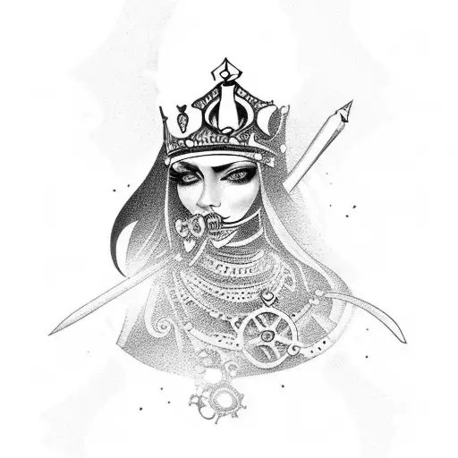 An Artistic Rendering Of A Queen Of Spades Card Tattoo With A Steampunk Twist