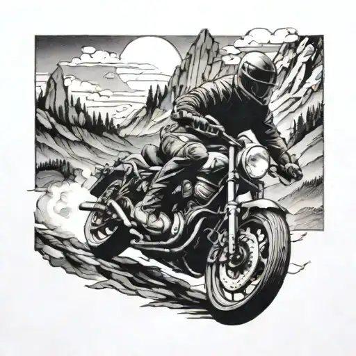 A Detailed Blackwork Tattoo Of A Motorcycle Riding Through A Mountain Landscape
