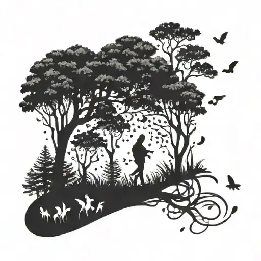 A Silhouette Of A Person Walking Through A Forest With Musical Notes Floating Around Them