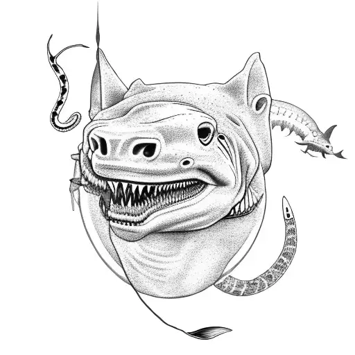 The Open Head Of A Jaguar Under And On The Side A Shark A Stingray A Scorpion And A Snake