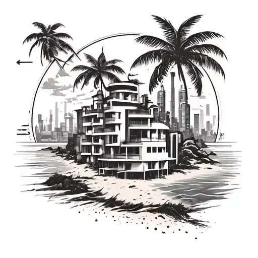 Combine Beach Imagery With A City Skyrise Building With Techno Elements For A Unique Tattoo Concept
