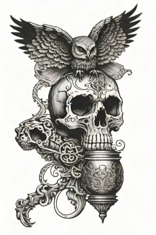 Skull Above Owl With A Half Full Chalice On One Side And Ancient Scales On The Other Side
