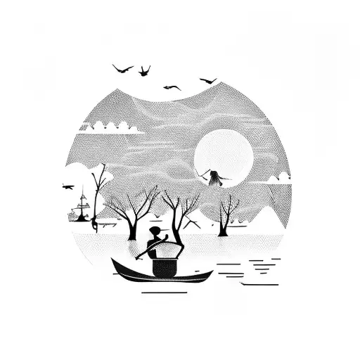 Silhouetted Person Fishing From A Boat On A Lake With Trees On The Sides