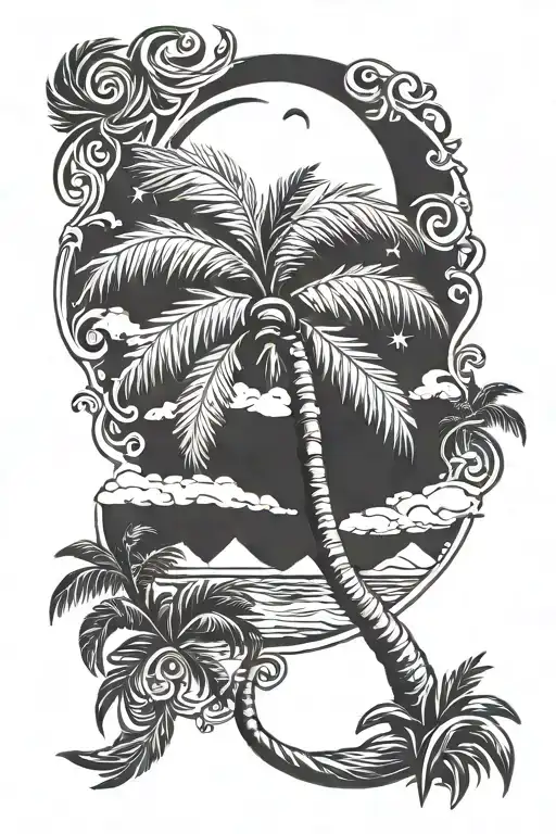 Single Palm Tree And Crescent Moon