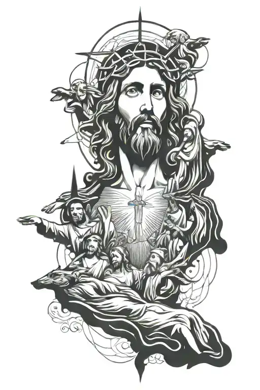 A Minimalist Representation Of Jesus And The 12 Disciples Performing Miracles Together