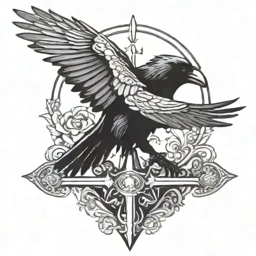 Raven On Sword Hilt Facing Down Tilted