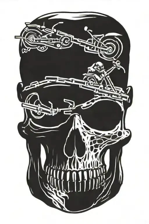 Hot Rod Style With Railroad Tracks Down The Center Of Skulls And Motorcycle Engines