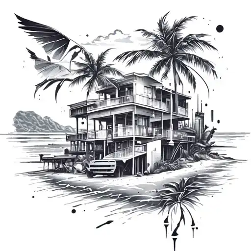 Combine Beach Imagery With A City Shyrise Building With Techno Elements For A Unique Tattoo Concept