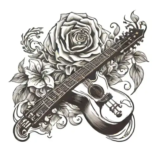 A Tattoo Design With A Guitar And Calls Lillie's Wrapped Around The Strings