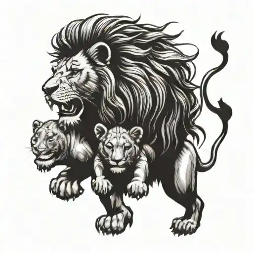 A Lion Wrestling With Its Cubs In A Family Portrait Style