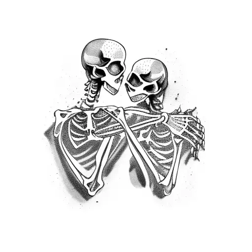 A Man Skeleton And A Black Nude Woman Passionate Embrace