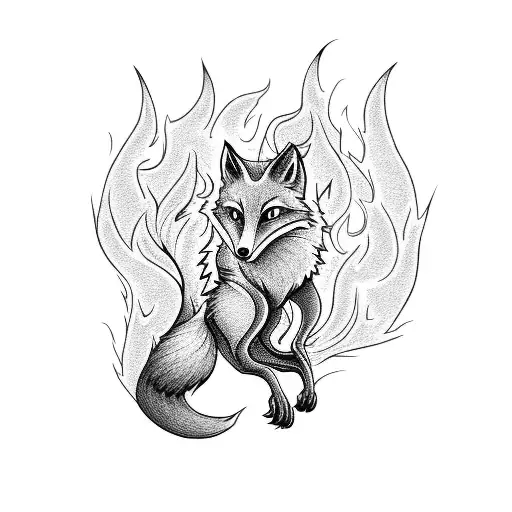 A Fiery Fox Leaping Through Flames In A Blackwork Style