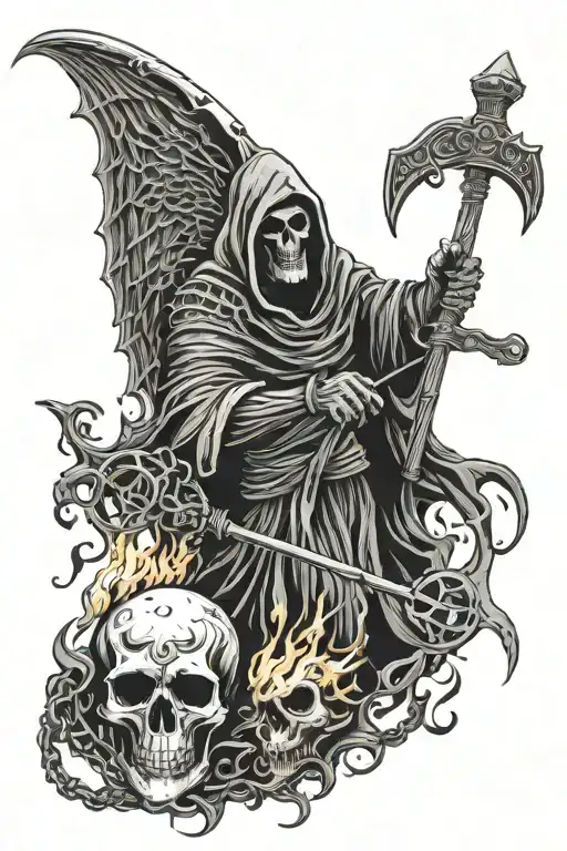 Skulls Wings Grim Reaper Holding A Scythe Flames Chains