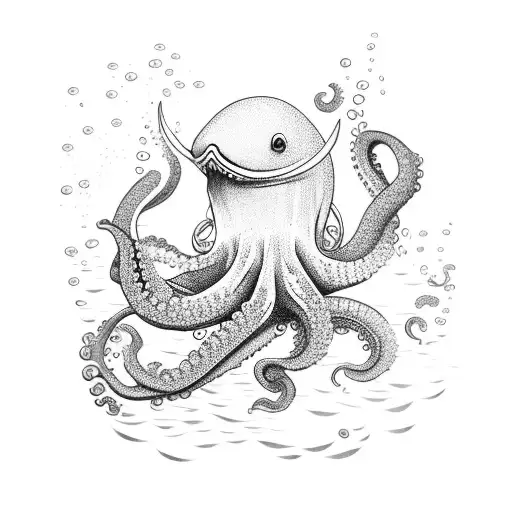 Whale Fighting Octopus Under Water In Moonshine