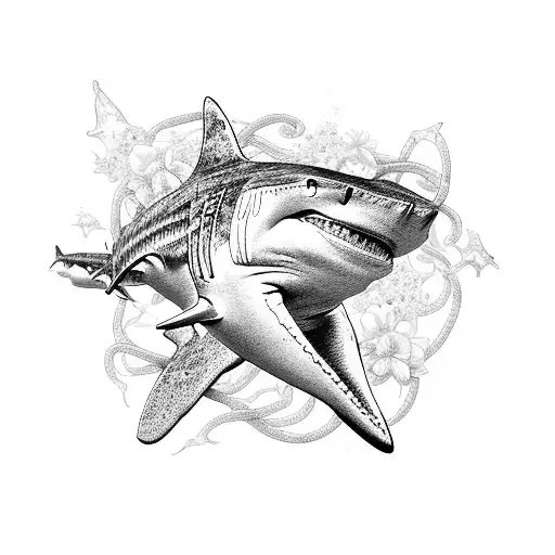 A Hammerhead Shark And Whale Shark Intertwined With Intricate Floral Elements