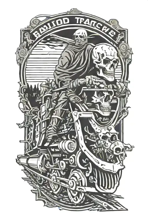 Railroad Tracks Circling The Right Side With Grim Reaper Skull And High Horsepower Engines
