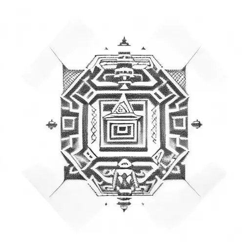 A Blackwork Tattoo Of A Real Estate Building With Aztec Symbols Hidden In The Architecture